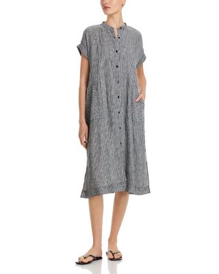 Puckered Linen Mandarin Collar Dress