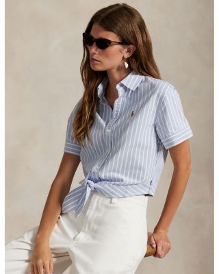 Cotton Oxford Tie Front Cropped Shirt