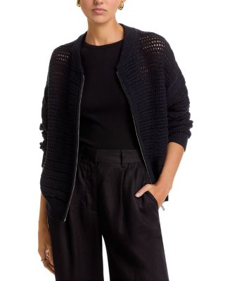 Open Knit Bomber Crewneck Cardigan Sweater