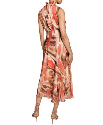 Nirva Sleeveless Ruffle-Neck Midi Dress in Abstract Printed Georgette