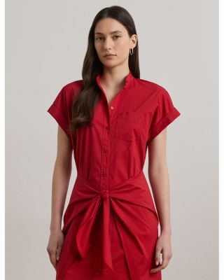 Tie Front Cotton Blend Shirtdress