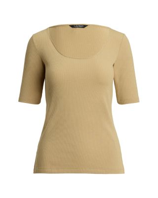 Rib Knit Cotton Blend Elbow Sleeve Tee
