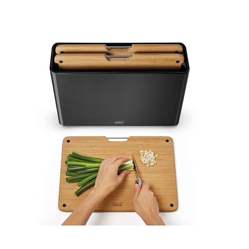 Joseph Joseph Folio 3 Piece Bamboo Cutting Board Set With Stainless Steel Case In Black