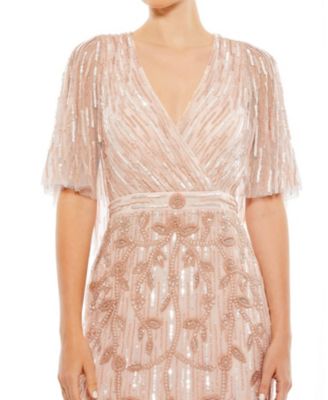 Embellished Cap Sleeve Faux Wrap Trumpet Gown