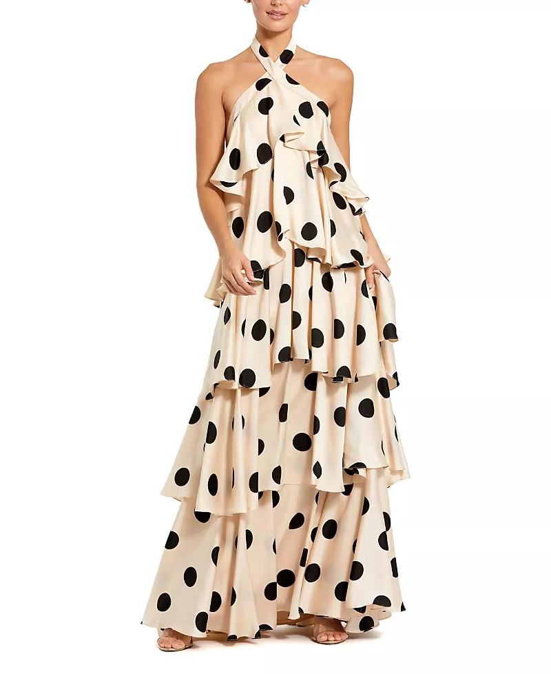 Mac Duggal Polka Dot Charmeuse Halter Tiered Ruffle Gown