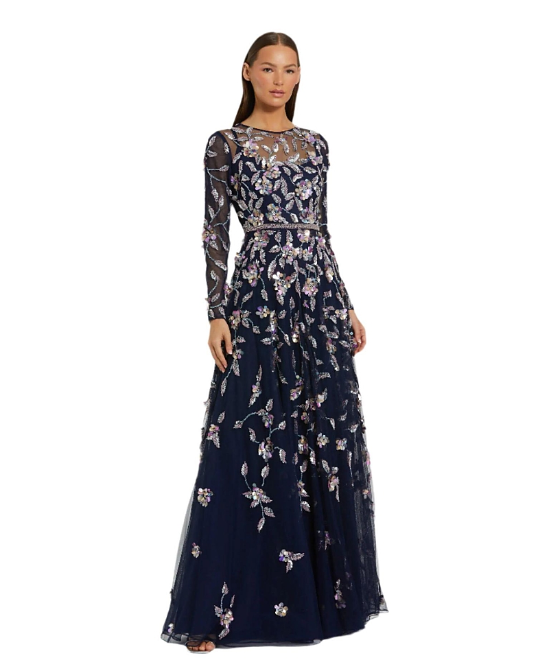 Mac Duggal Long Sleeve Mesh Gown With Floral Detail In Blue
