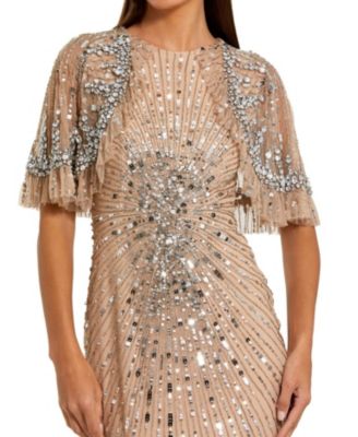 Fitted Beaded Mesh Gown With Capelet