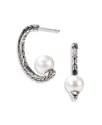 Sterling Silver JH Essentials Cultured Freshwater Pearl Carved Chain Hoop Earrings