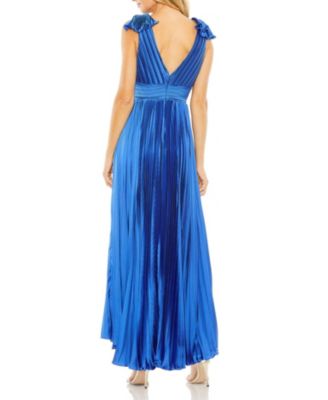 Pleated Jersey Gown with Deep Plunge Neckline & Ruffled Strap Detail