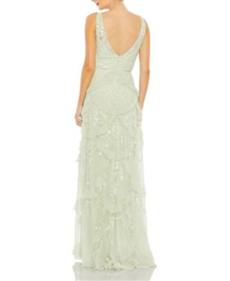 Sequined Scallop Ruffle Tiered V Neck Gown