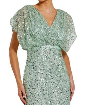 Draped Sleeves Ruched Waist Detail V-Neck Gown