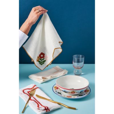 Floral Embroidered Linen Napkins, Set of 4