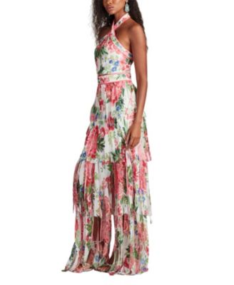 Somaya Floral Print Fringe Gown