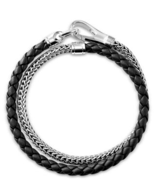 Men&#39;s Sterling Silver Icon Braided Leather &amp; Weave Double Wrap Bracelet