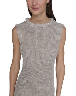 Stretch Tweed Pearl Neck Mini Dress