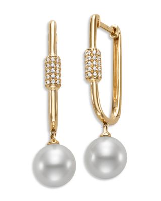 Bloomingdale's Fine Collection - Cultured Freshwater Pearl & Diamond Charm Oval Hoop Earrings in 14K Yellow Gold