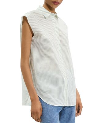 Cinched Cap-Sleeve Shirt in Striped Cotton-Blend