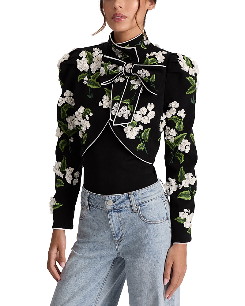 Alice And Olivia Addison Embroidered Cropped Jacket In Green