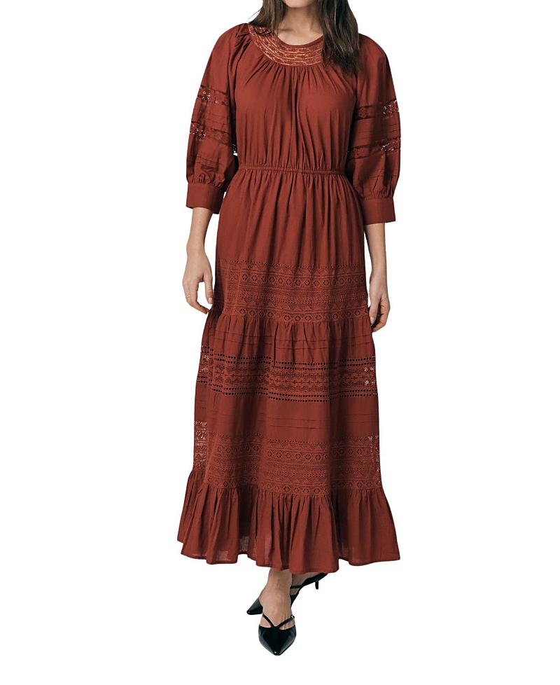 Ghost London Leoni Lace Trim Cotton Midi Dress In Burgundy