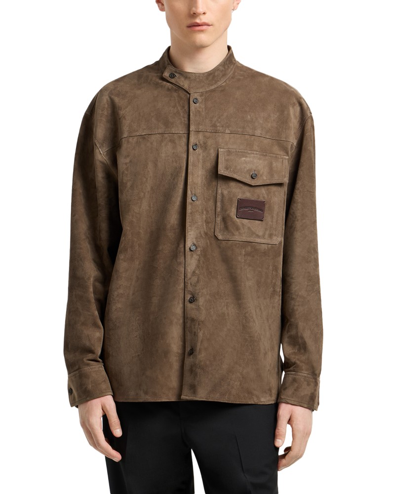 Emporio Armani Asymmetric Mandarin Collar Regular Fit Leather Shirt in Solid Medium