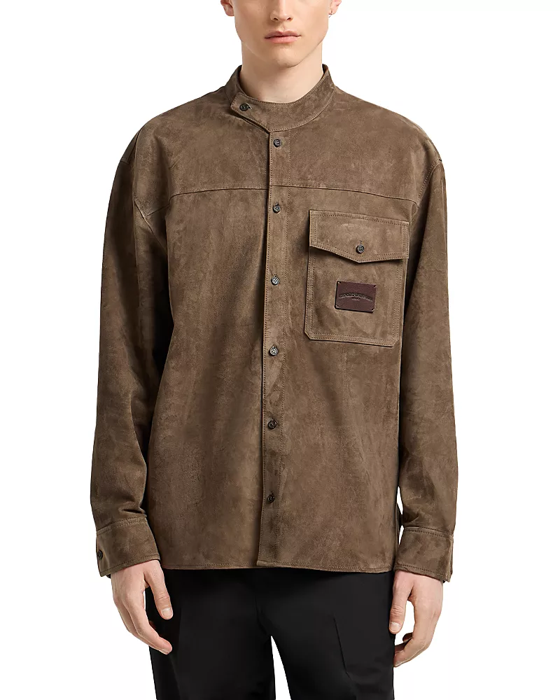 Emporio Armani Asymmetric Mandarin Collar Regular Fit Leather Shirt