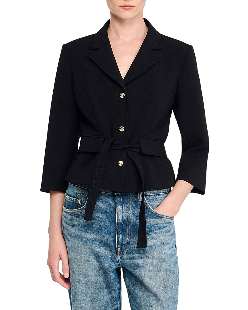 Sandro Cropped Tailored Belted Waist Jacket In Black