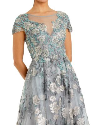 Embroidered Mesh Dress with Illusion Neck and Short Sleeves