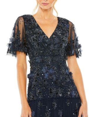 Floral Embellished Flutter Sleeve Tiered Dress