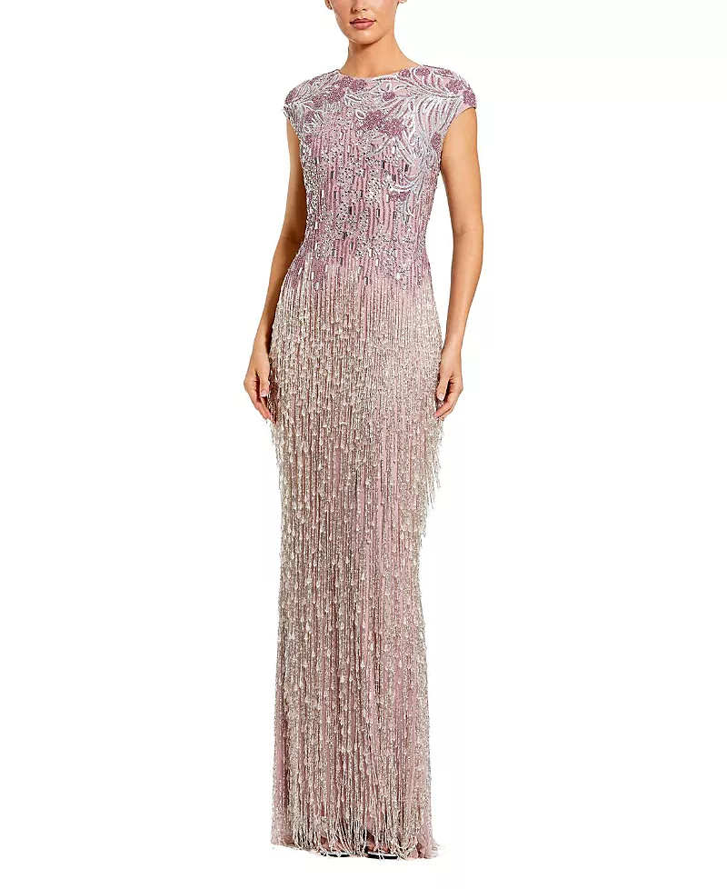 Mac Duggal Short Sleeve Mesh Gown With Fringe Beading