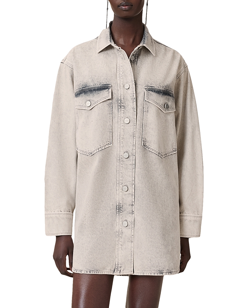 Allsaints Faye Sparkle Embellished Long Sleeve Shacket Minidress In Gray