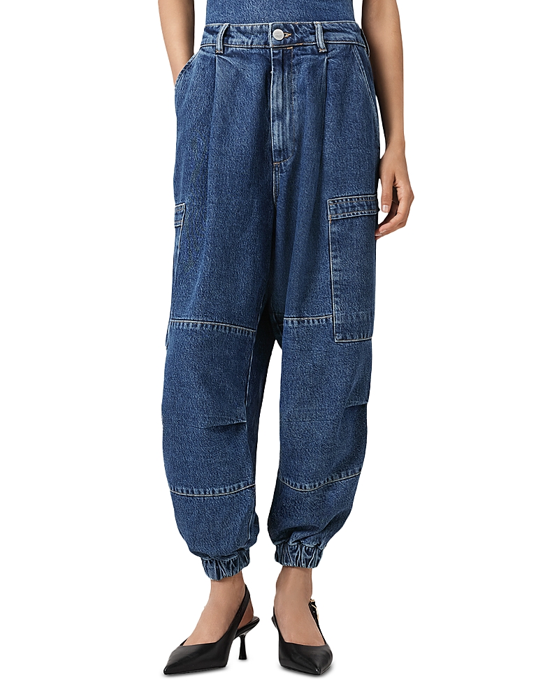 Allsaints Sol Cargo High Rise Cropped Tapered Jeans In Mid Indigo In Blue