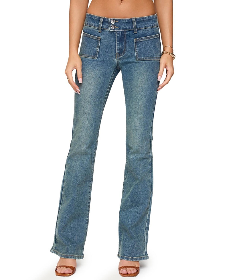 Edikted Mattea Low Rise Flared Jeans in Blue Wash