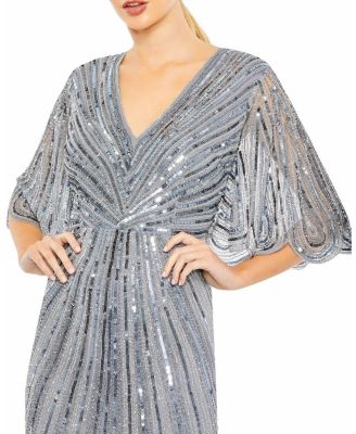  Sequined V Neck Cape Sleeve Column Gown