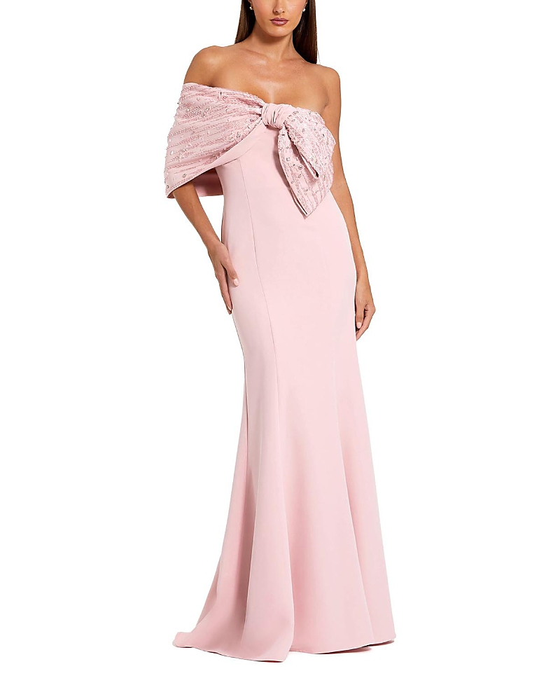 Mac Duggal Off-the-Shoulder Satin Mermaid Gown with Beaded Bow Detail
