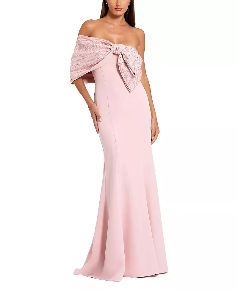 Mac Duggal Off-the-Shoulder Satin Mermaid Gown with Beaded Bow Detail
