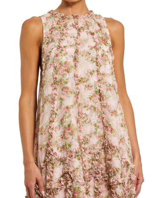  Sleeveless Floral Print Chiffon Micro Ruffle Gown