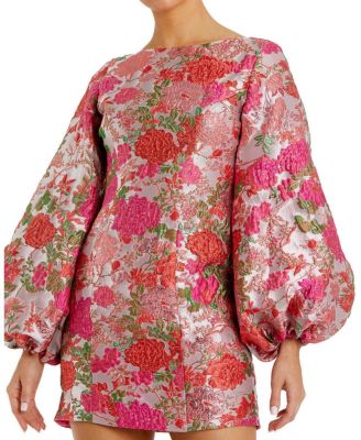 Brocade Balloon Sleeve Fitted Mini Dress