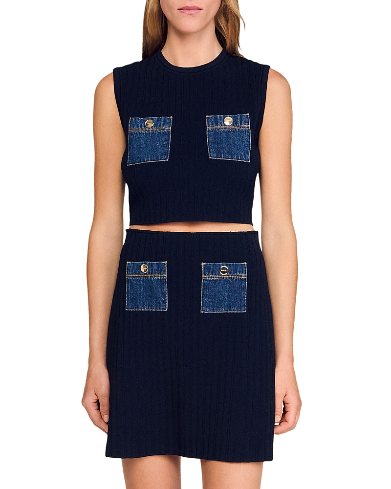 Sandro Knit And Denim Top In Blue
