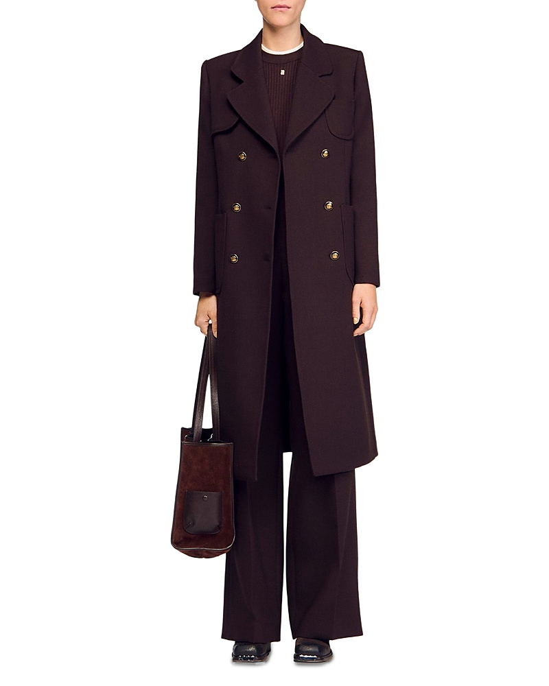 Sandro Long Double Breasted Coat In Brown