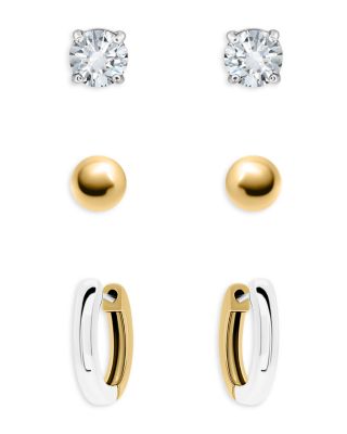 18K Gold Plated, Sterling Silver & Cubic Zirconia Two-Tone Stud & Hoop Earrings, Set of 3 - Exclusive