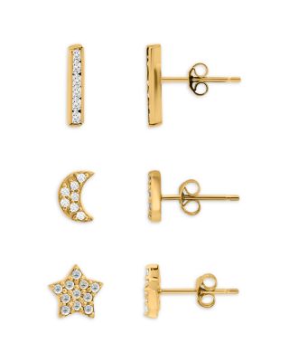 18K Gold-Plated Sterling Silver Cubic Zirconia Celestial Stud Earrings, Set of 3 - Exclusive