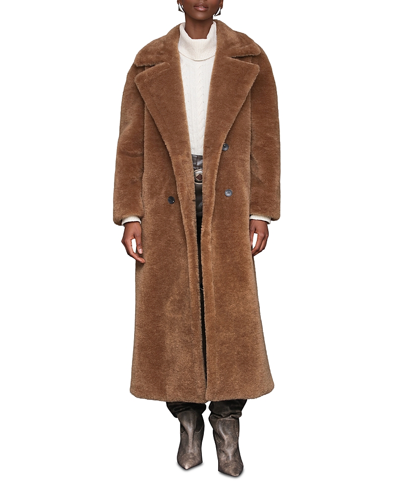Avec Les Filles Double Breasted Faux Fur Long Coat In Brown