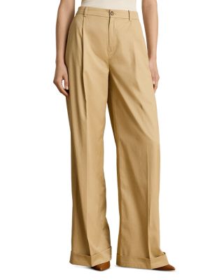 Pleated Cotton Twill Wide Leg Pants