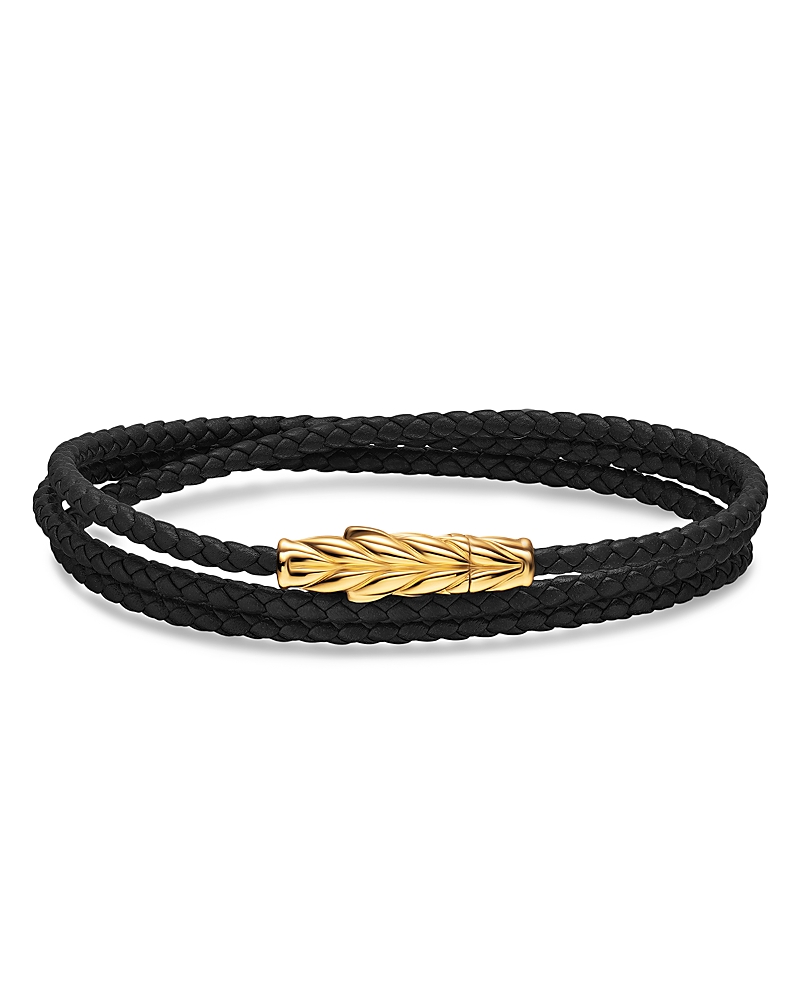David Yurman Chevron Triple Wrap Bracelet in Black Leather with 18K Yellow Gold, 3mm