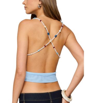 Beaded Deep Cowl Neck Backless Top