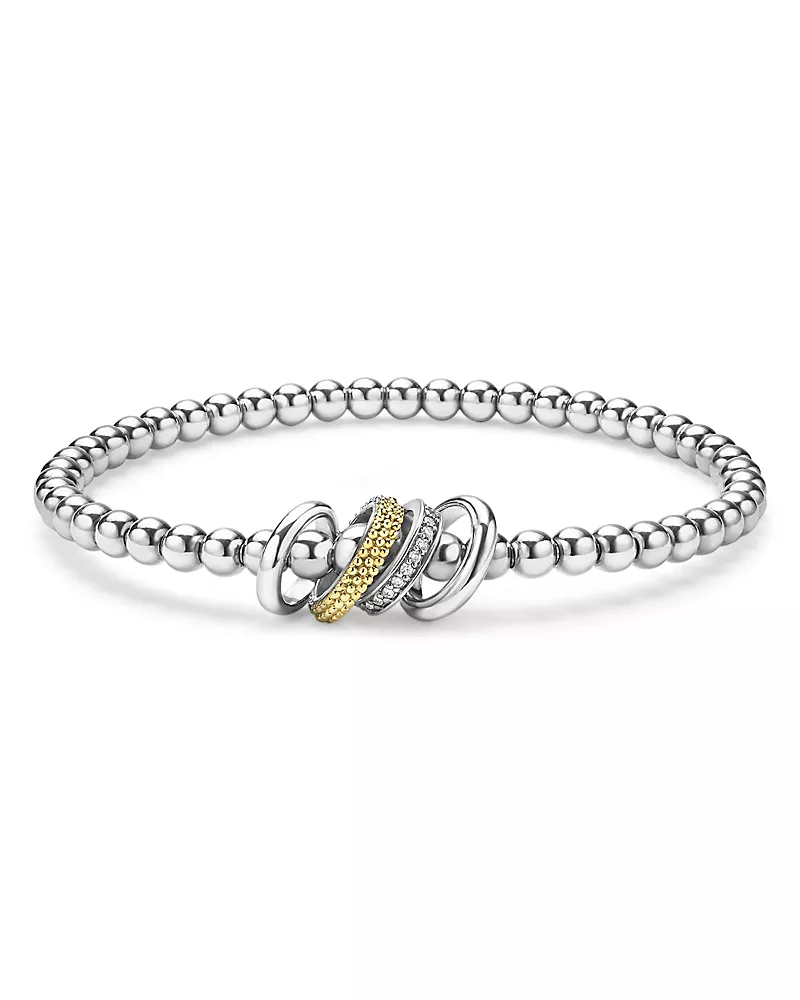 Lagos 18K Yellow Gold & Sterling Silver Caviar Lux Diamond Four Ring Stretch Bracelet