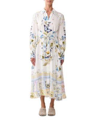 Linen Tie Waist Mixed Print Shirtdress