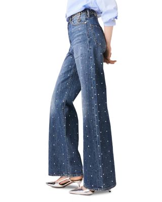 Studded High Rise Wide Leg Jeans in Blue