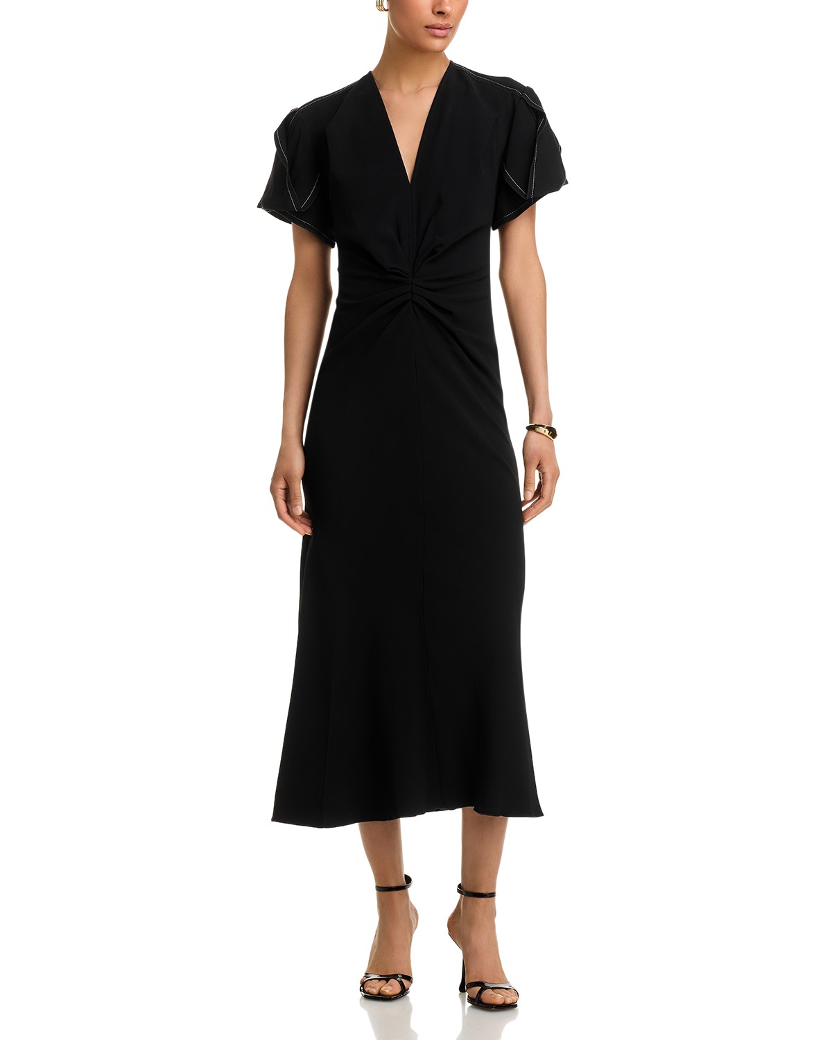 V Neck Gathered Front Midi Dress