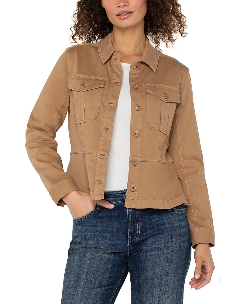 Liverpool Los Angeles Peplum Twill Trucker Jacket In Brown